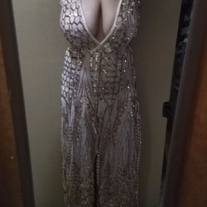 Sexy Gold Sequin and Nude Mesh, Deep V Maxi Dress